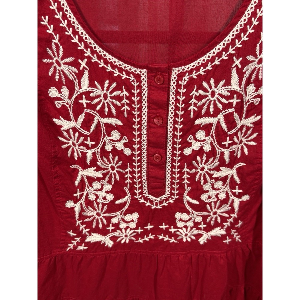 Style & Co Red Embroidered Peasant Blouse Women Large Boho Cotton Top - Picture 3 of 6